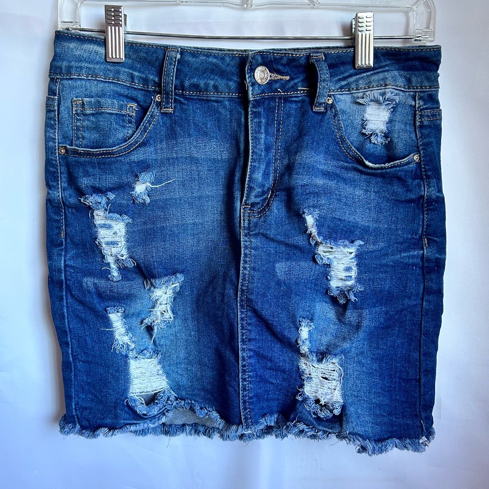 “Wax Jean” Distressed Jean Mini Skirt
